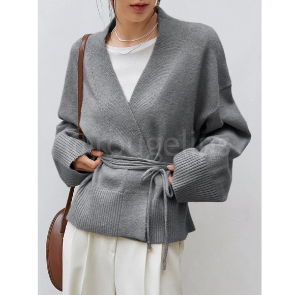 Grey Knit Kimono Sweater Tie Belt Boxy Loose Fit Drop Shoulder Wrap - Picture 3 of 8